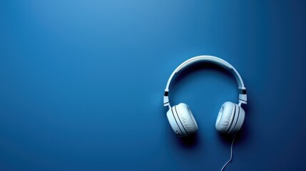 White headphones against blue backdrop signify music theme