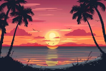 Wall Mural - A painting depicting a vibrant sunset over a tropical beach with palm trees silhouetted against the colorful sky, A tropical beach scene with palm trees and a sunset for a summer vacation