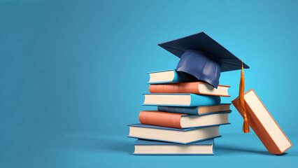 A stack of books on which lies a school or college graduation cap, on isolated background with copy paste text
