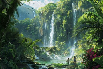 Canvas Print - Two individuals standing in front of a majestic waterfall surrounded by lush tropical greenery, A tropical rainforest with a family hiking through lush greenery and discovering hidden waterfalls