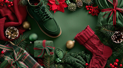 Festive Arrangement. a Christmas-themed still life with seasonal decorations, gifts, and clothing on a green background. pine cones, holly berries, wrapped presents with ribbons, a pair of shoes, and 