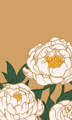 Wall Mural - Peony flowers card. Floral botanical design with delicate blossoms in retro vintage style. Spring Japanese garden blooms, gorgeous plants, vertical story design. Hand-drawn vector illustration