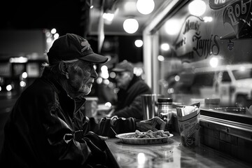 A truck driver sits at a table with a plate of food in front of him at a diner, A truck driver at a truck stop diner, enjoying a hot meal