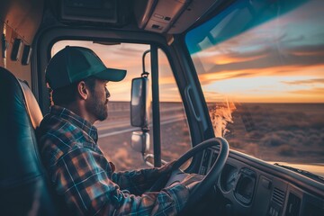 A man is seated in the drivers seat of a truck, looking out at his surroundings, A truck driver sitting behind the wheel, gazing out at the open road