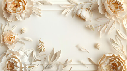 Wall Mural - paper-cut border with frame, Peonies and Olive Branches