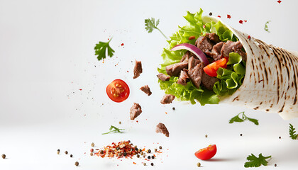 Poster - Doner kebab or shawarma with ingredients floating in the air: beef meat, lettuce, onion, tomatos, spice. White background. Copy space