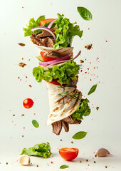 Wall Mural - Doner kebab or shawarma with ingredients floating in the air: beef meat, lettuce, onion, tomatos, spice. White background. Copy space