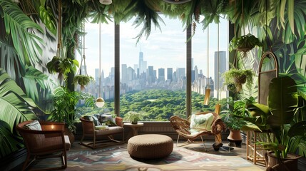Wall Mural - An urban jungle guest room with jungle wallpaper, hanging planters, rattan furniture, and a view of a bustling city skyline beyond the lush greenery for an urban oasis escape.