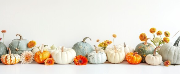 colorful pumpkins and flowers on white background wide banner