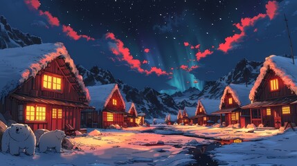 Wall Mural - Houses in winter landscape norther lights Anime illustration flat line art, anime background