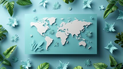 Canvas Print - World Map with Tropical Leaf Decor