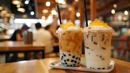 Two delicious bubble tea drinks with vibrant toppings sit on a table in a cozy café, creating an inviting and refreshing scene.