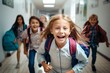 © robertuzhbt89 - Children running in school hallway with backpacks. cheerful children run along the corridors of the school. back to school