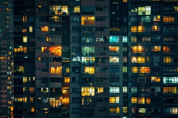 Wall Mural - A very tall building in a city with many windows lit up, creating a bright and vibrant cityscape at nighttime, A vertical cityscape filled with windows and lights