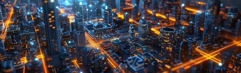 Wall Mural - Digital cityscape with glowing data streams and futuristic buildings, showcasing the concept of cyberpunk technology in an abstract digital rendering.