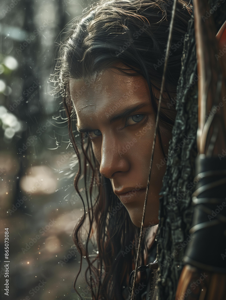 beautiful young forest elf with pointed ears, long hair, and a bow and ...