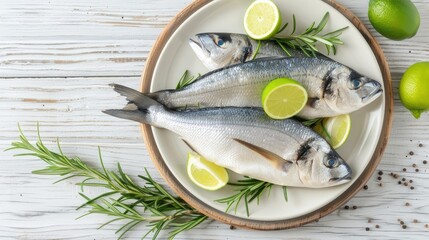Wall Mural - A grilled fish on a plate, garnished with rosemary and lime wedges, on a wooden background