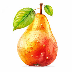 Poster - Realistic illustration of a fresh pear with vibrant colors, detailed texture, and green leaves, isolated on white background.