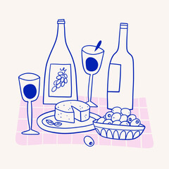 Cheese, wine and olives sketch, hand drawn illustration. Eating outside, outdoor dinner, picnic invitation.