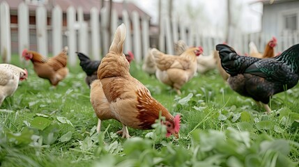 A group of five chickens stands on a lush green lawn in a backyard