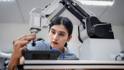 Wall Mural - computer science development engineer working on robotic arm connection control at electronic futuri