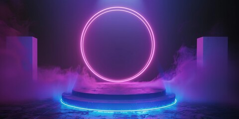Canvas Print - Mystical futuristic doorway enveloped in fog, circular illuminated teleporter with neon lights shining on a dark backdrop.