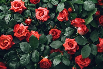 Canvas Print - A bunch of red roses with green leaves in a vibrant display, A vibrant bouquet of red roses with lush green leaves