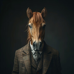 Wall Mural - Portrait of a horse in a business suit on a dark background, 3D render, art creative, success concept 