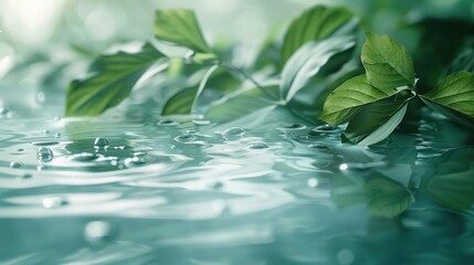 Green Leaves Floating on Rippling Water