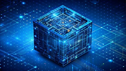 Wall Mural - Isometric cube. Abstract digital separate block on dark blue background. Geometric shape. Technology innovation concept in futuristic low poly wireframe cyberpunk style with connected glowing dots.