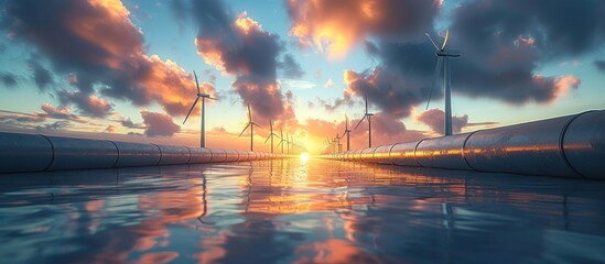 Wind turbine farm generating renewable energy at sunset. Concept of clean energy, sustainability, and environmental protection.