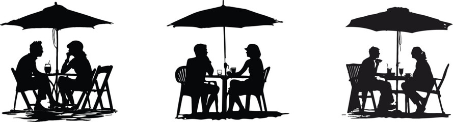 Vector Illustration of Summer Vacation Motif: Silhouette Couple Relaxing on the Beach Side