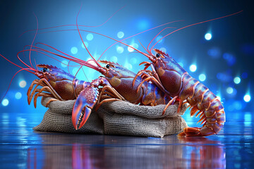 Close-up of crayfish, shrimps and snails on a wooden table with spices. Food photography in high resolution photography style.