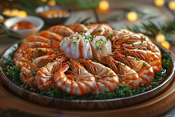 Close-up of crayfish, shrimps and snails on a wooden table with spices. Food photography in high resolution photography style.