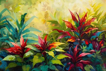 Wall Mural - A painting depicting colorful plants in a garden with a mix of greens, reds, and yellows, A vibrant mix of greens, reds, and yellows