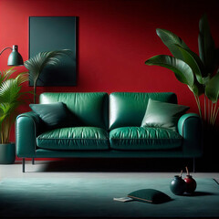 Wall Mural - Green leather sofa couch in front of red wall in interior, in the style minimal of dark light teal