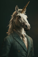 Wall Mural - A unicorn in a business suit on a dark background, 3D render, art creative, success concept