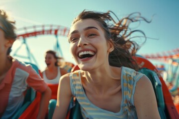 Group of people having fun on a roller coaster ride, great for theme park or adventure concept illustrations