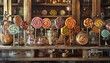 © Maharram - photo of lollipops displayed in a charming, old-fashioned candy shop setting, complete with glass jars and wooden shelves.