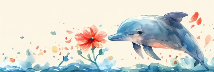 Poster - Horizontal banner. World Whale and Dolphin Day. Flat illustration. Cute dolphin swims in the sea, blue background with orange flowers. Marine animal protection concept. Free space for text