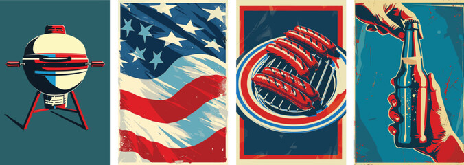 Set of American 4th July celebration posters. With iconic American icons. Patriotic USA background