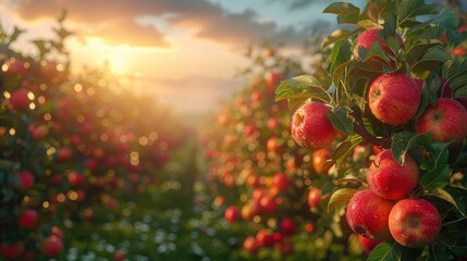 Wall Mural - Tranquil Apple Orchard Scene with Lush Green Trees and Ripe Red Apples in a Peaceful Countryside