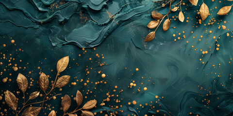 Wall Mural - Elegant Dark Green Background with Luxurious Gold Accents and Leaf Details. Rich and Aesthetic