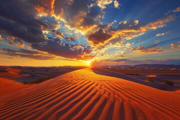 Poster - The sun dips below the horizon, casting long shadows over the desert landscape, A vibrant sunset over a vast desert, casting long shadows across the sand dunes