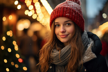 Wall Mural - Beautiful woman walking Christmas market with colorful lights and decorations generative AI