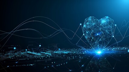 Polygonal Heart structure and data connection in a futuristic medical graphic, innovative medicine and technology, low poly wireframe