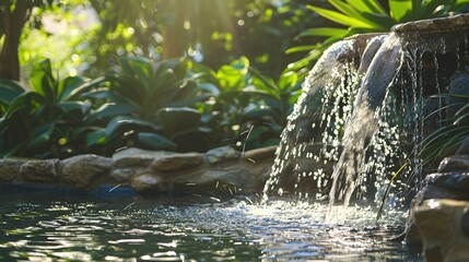 Wall Mural - Close-Up of Outdoor Waterfall Flowing into Pool Amid Decorative Stones and Lush Greenery in Modern Garden. Serene Oasis with Sunlight Filtering Through Trees.