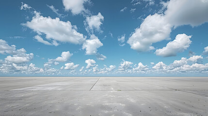 Wall Mural - A wide, empty concrete expanse stretches to the horizon under a bright blue sky filled with fluffy white clouds.