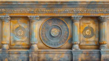 Poster - A close-up shot of a decorative wall design featuring Roman-style columns, intricate carvings, and circular medallions