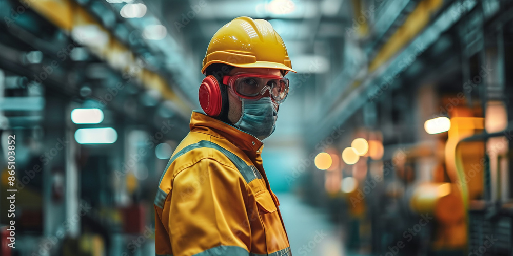 Male worker at a factory concept poster background. Man worker wearing ...